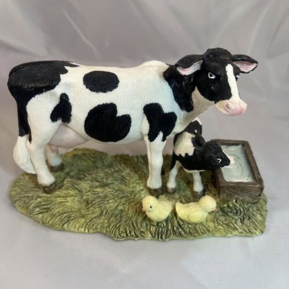 Vintage Young's Cow & Calf Figurine -- Holstein Cow Nursing Calf, Chicks & Troug